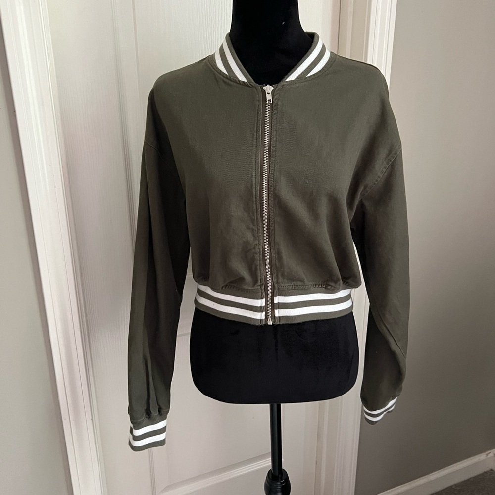 Wild Rose Khaki Bomber Jacket with Striped Accents